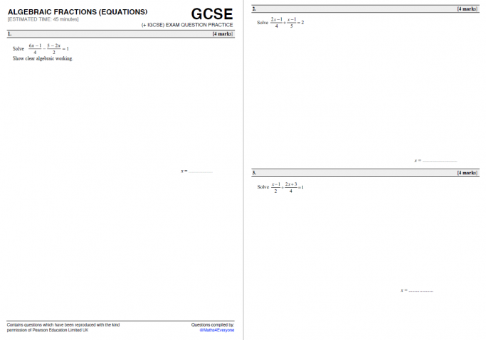 Algebraic Fractions Equations Gcse 9 1 Exam Question Practice Worksheet And Answers Teachwire Teaching Resource Algebraic Fractions Equations Gcse 9 1 Exam Question Practice Worksheet And Answers Teachwire Teaching Resource