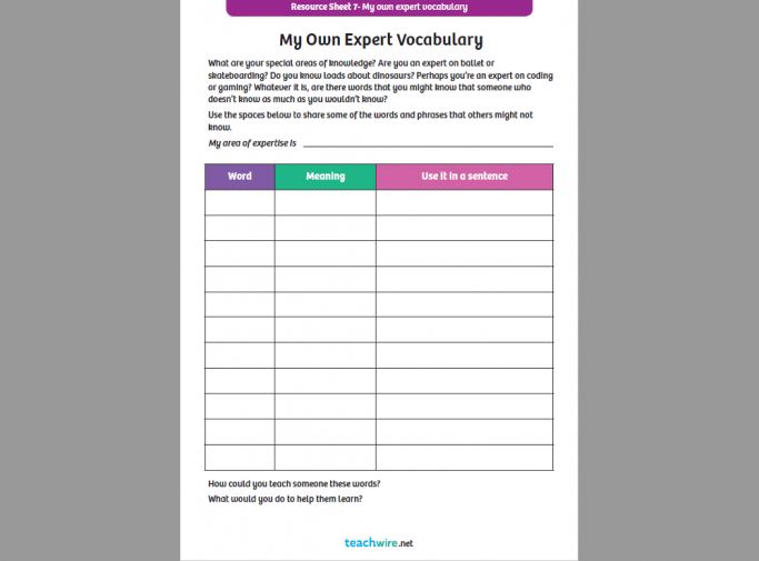 My Own Expert Vocabulary Worksheet to Collect Words from Personal Interests in KS1/2 English