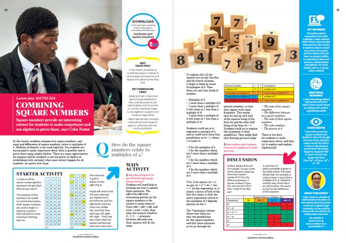 ‘Square numbers’ KS4 maths lesson plan and task sheet