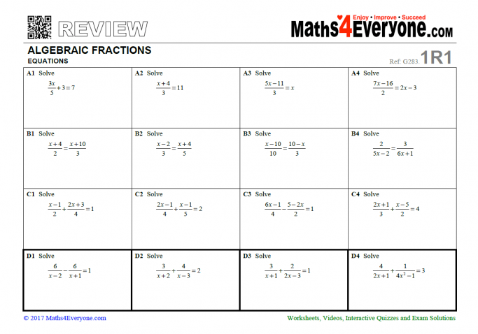 Algebraic Fractions Gcse Revision Worksheet – Solving Equations | Teachwire Teaching Resource