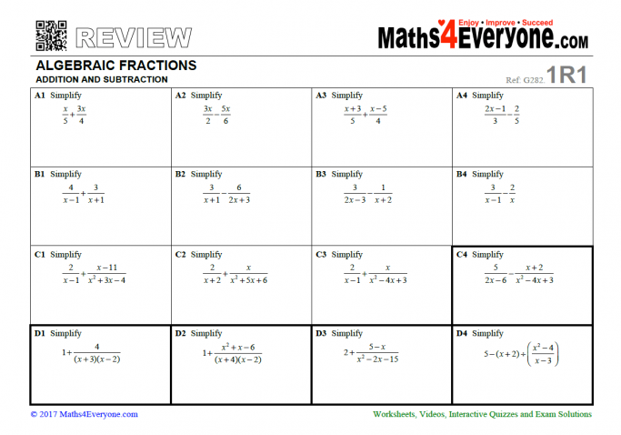 Algebraic Fractions: Adding And Subtracting Worksheet For Gcse Maths Revision | Teachwire Teaching Resource
