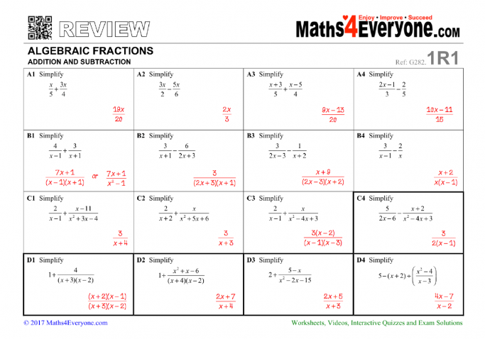 Algebraic Fractions: Adding And Subtracting Worksheet For Gcse Maths Revision | Teachwire Teaching Resource