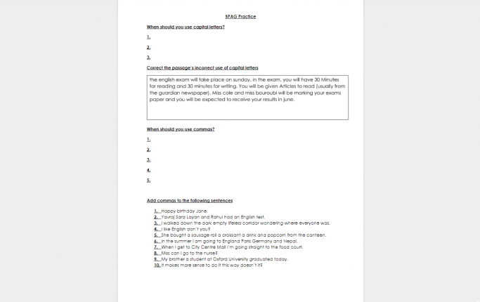 SPaG Practice Worksheet For Secondary English