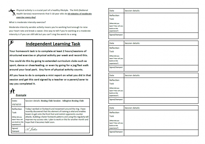 Student Physical Activity Log for Key Stage 4 PE