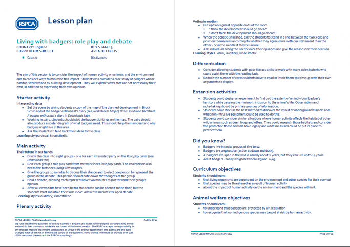 Rspca Biodiversity Ks3 Lesson Plan Living With Badgers - 