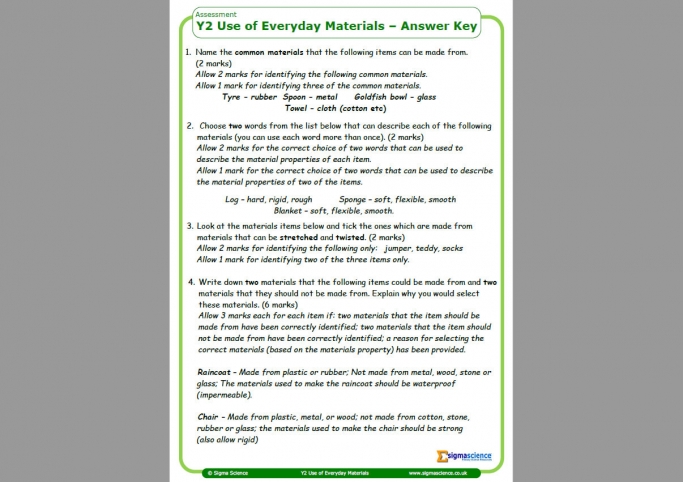 year 2 science assessment worksheet with answers