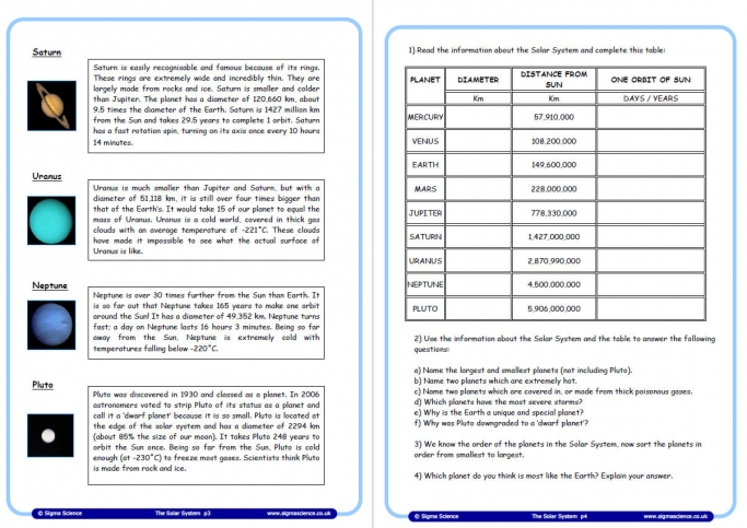 introduction to our solar system physics worksheet for year 5 science
