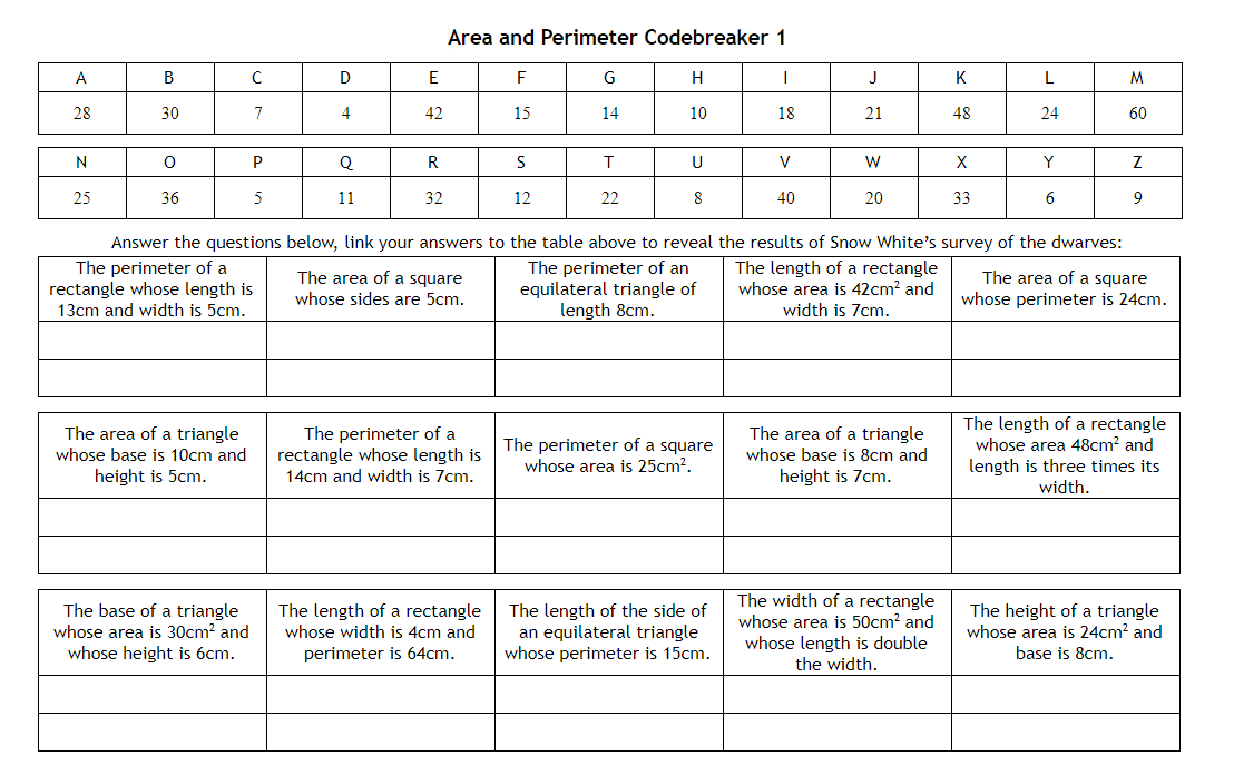 area and perimeter codebreakers worksheets for ks3 maths teachwire