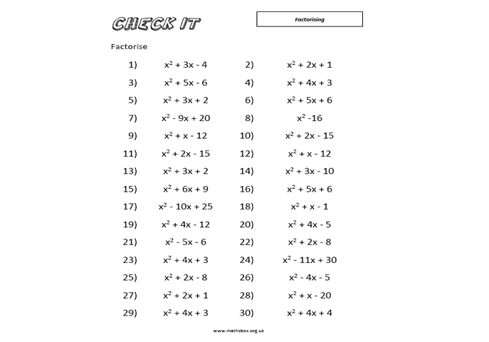 9th grade 1 algebra worksheets For Factorising 30 Question Algebra Worksheet Equations