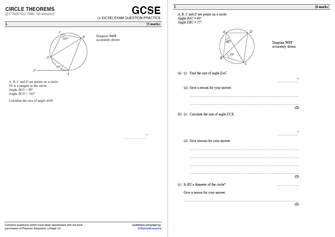 Circle Theorems Gcse 9 1 Exam Practice Questions For Ks4 Maths Teachwire Teaching Resource