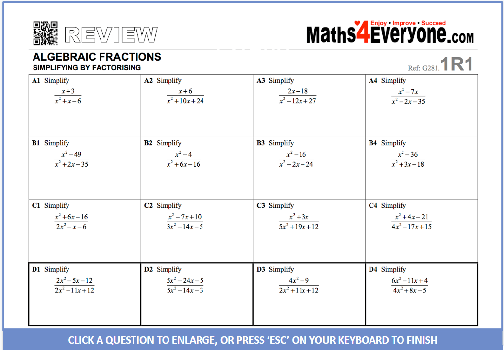 Simplifying algebraic fractions worksheet