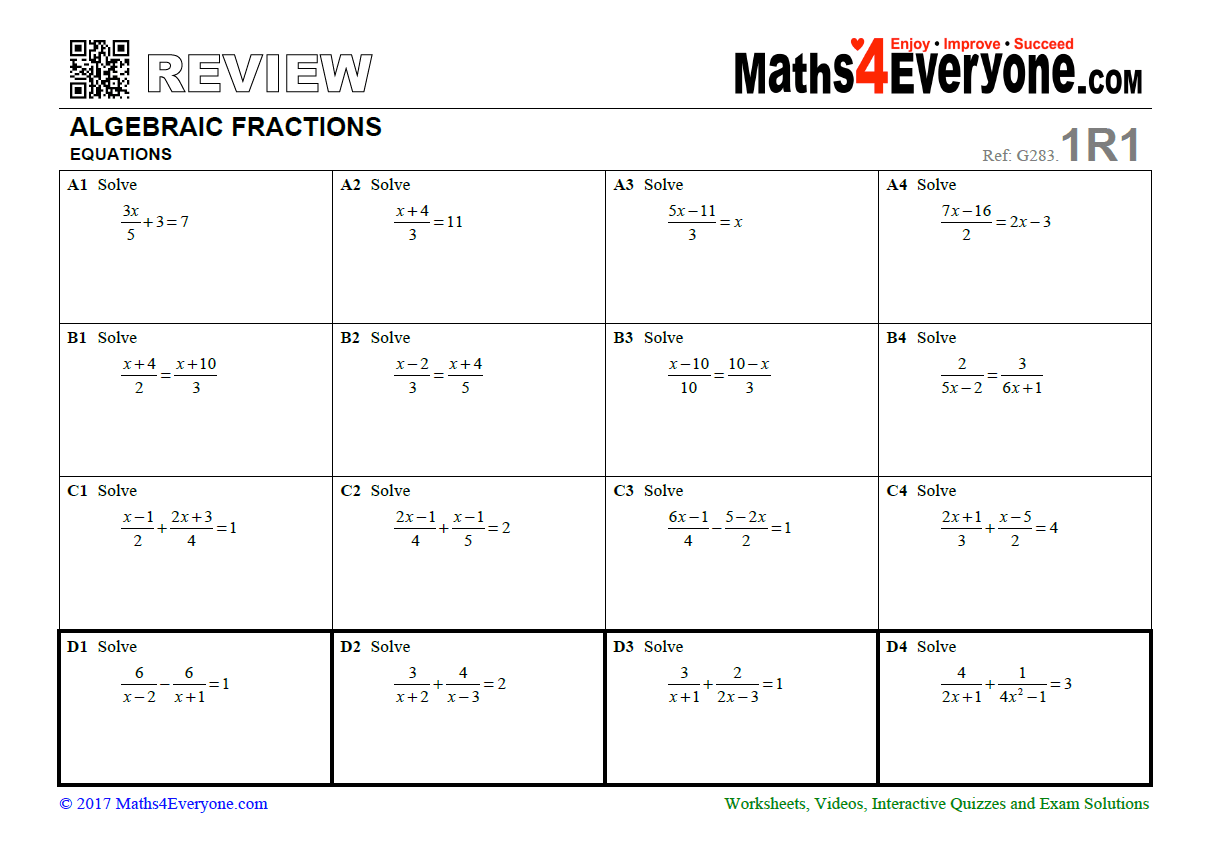 Algebraic Fractions GCSE Revision Worksheet – Solving Equations In Solve Equations With Fractions Worksheet