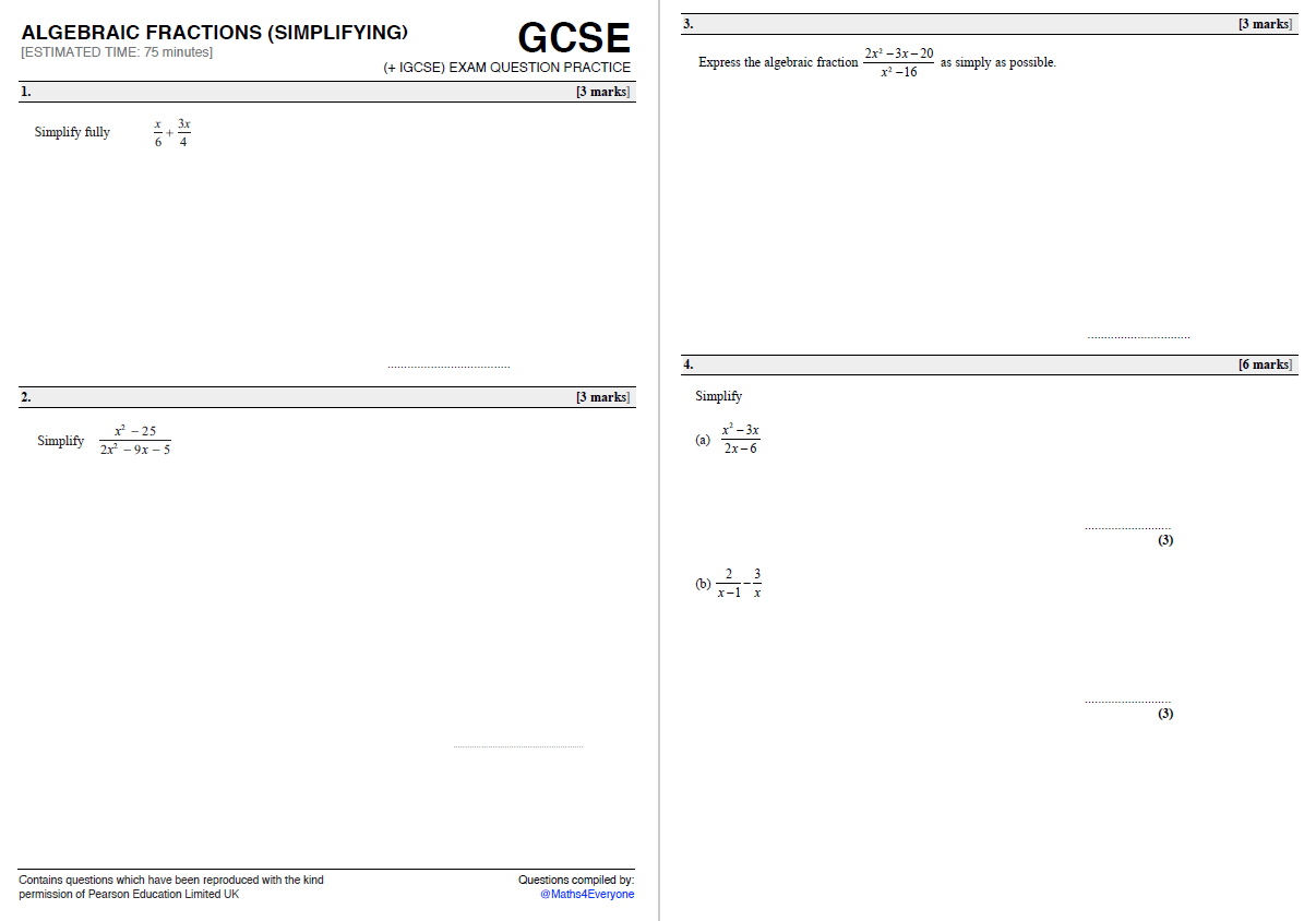 Simplifying Algebraic Fractions – GCSE 22-22 Exam Question Practice Pertaining To Simplifying Algebraic Fractions Worksheet