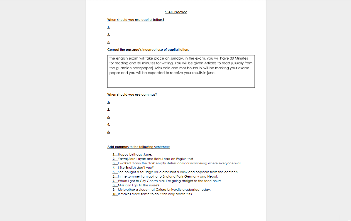 SPaG Practice Worksheet for Secondary English