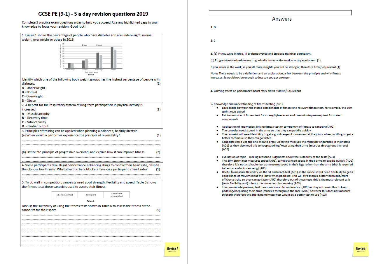 5 A Day Practice Exam Questions For Gcse Pe 9 1 Aqa Teachwire Teaching Resource