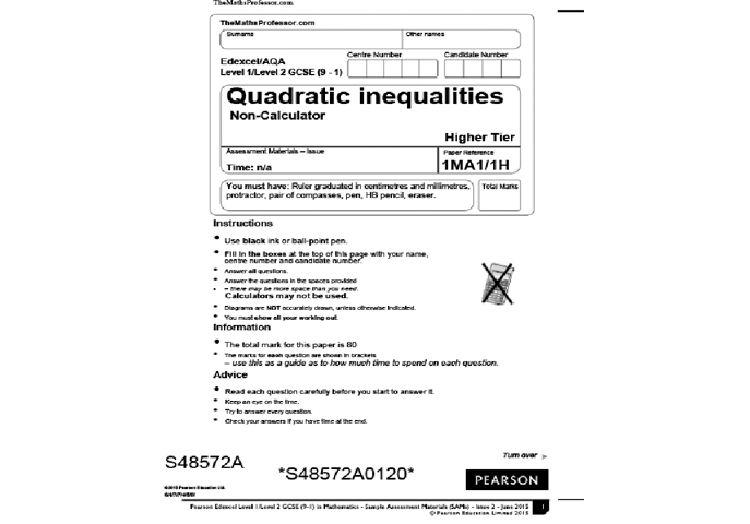 8 Question Gcse Exam Paper On Quadratic Inequalities Teachwire Teaching Resource
