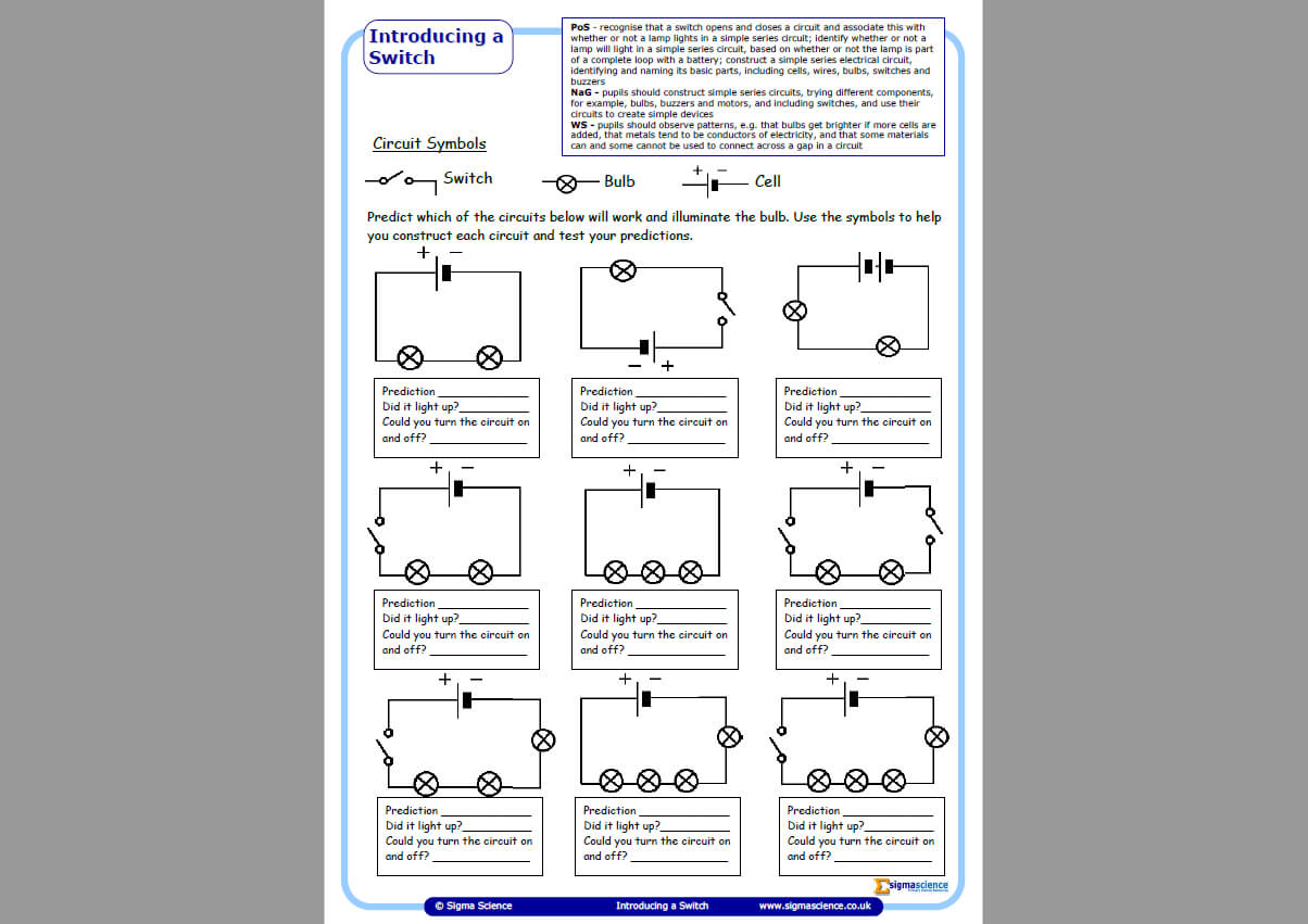 Circuits and Switches Worksheet for Year 25 Science  Teachwire For Circuits Worksheet Answer Key