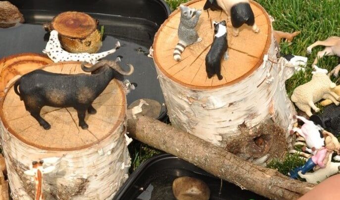 Reggio Emilia approach activity idea involving wooden logs and toy animals