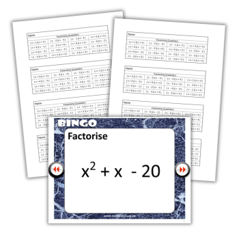 Factorising quadratic equations bingo game