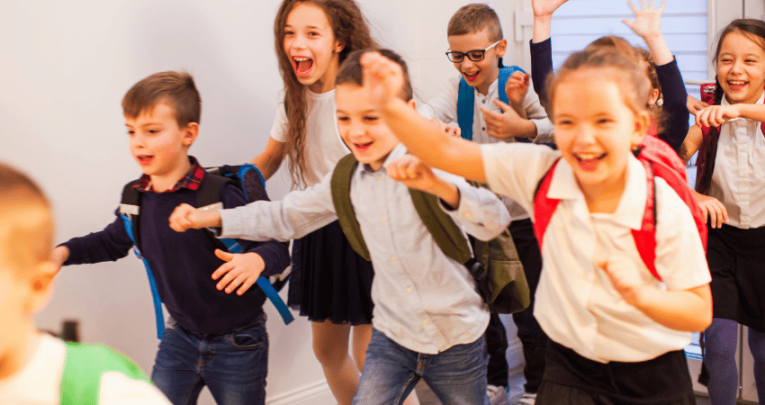 Schoolchildren in uniform looking happy, representing friendship activities