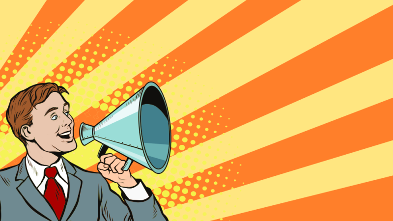Illustration of person with megaphone, representing speaking and listening topics