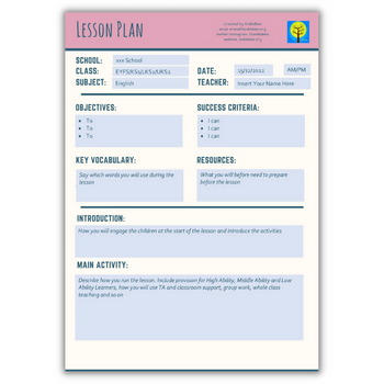 Editable blank lesson plan template with instructions