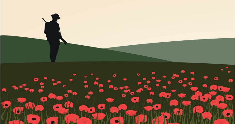 Soldier in poppy field