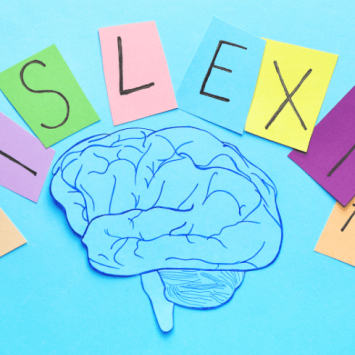 Letters spelling dyslexia above illustration of brain for Dyslexia Awareness Week