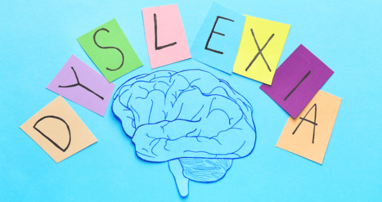 Letters spelling dyslexia above illustration of brain for Dyslexia Awareness Week