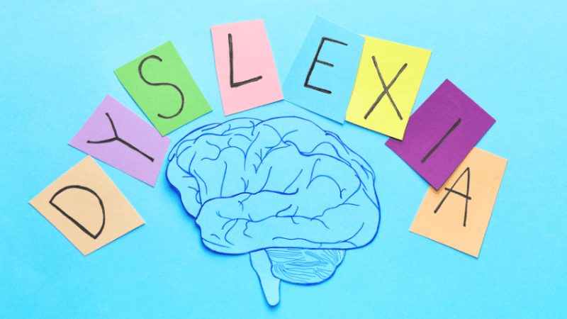 Letters spelling dyslexia above illustration of brain for Dyslexia Awareness Week