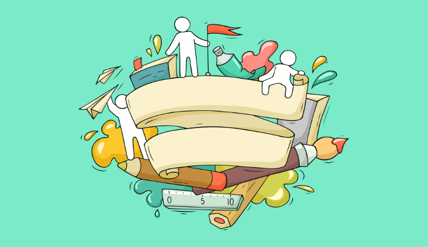 Illustration of figures surrounded by art materials, representing teaching as art
