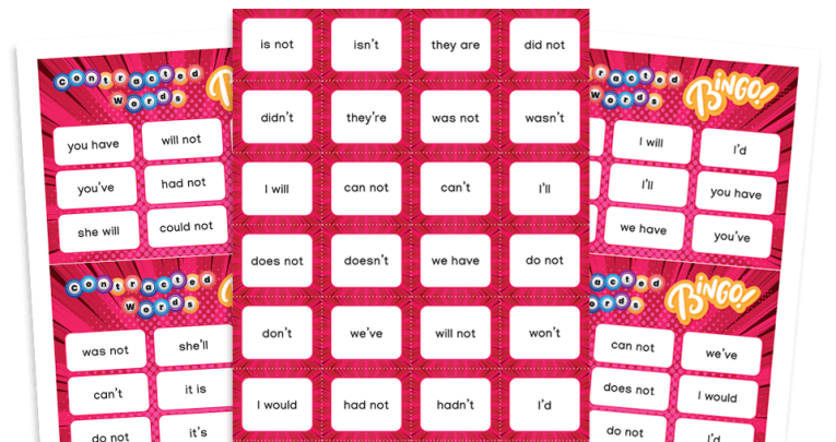 apostrophes for contraction bingo game