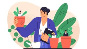 Boss 'watering' flowerpot employees, to represent the Early Career Framework