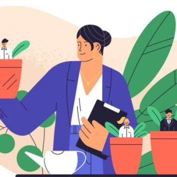Boss 'watering' flowerpot employees, to represent the Early Career Framework