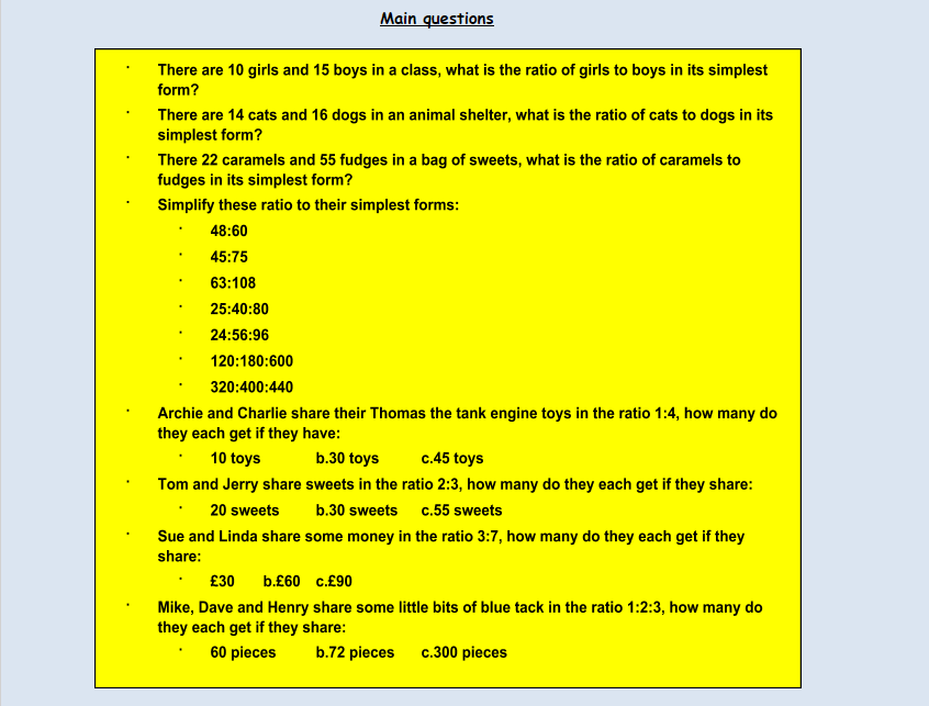 ks3 ratios worksheet