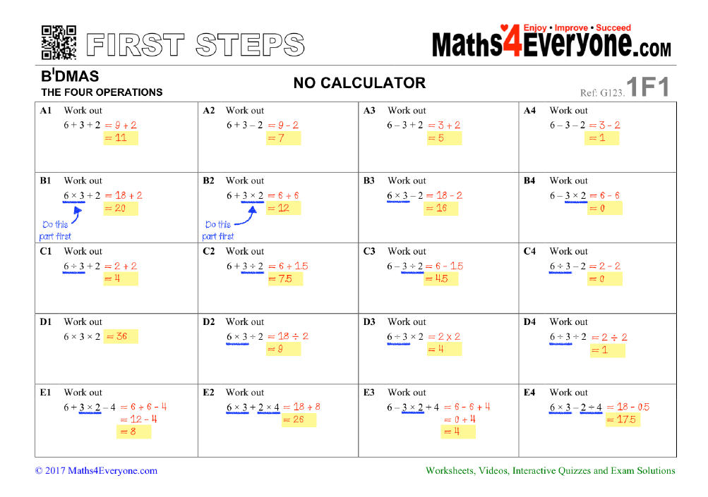 bidmas first steps worksheets for ks3 maths teachwire