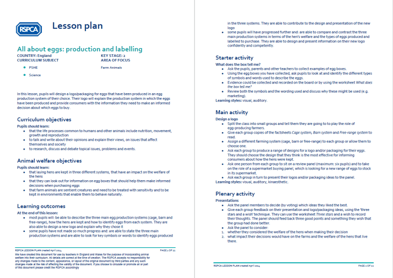 RSPCA Farm Animals KS1/2 Lesson Plan All About Eggs Production and Labelling Teachwire