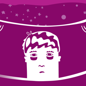 Illustration of tired man awake in bed