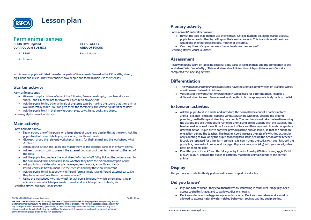 RSPCA farm animals KS1/2 lesson plan – Farm animal senses - Teachwire RSPCA farm animals KS1/2 lesson plan – Farm animal senses - Teachwire