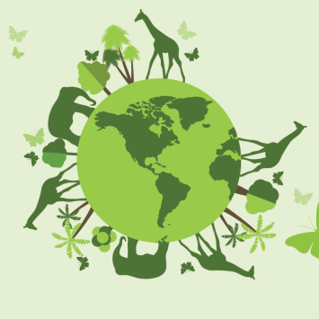 Animals walking around globe representing climate change for kids