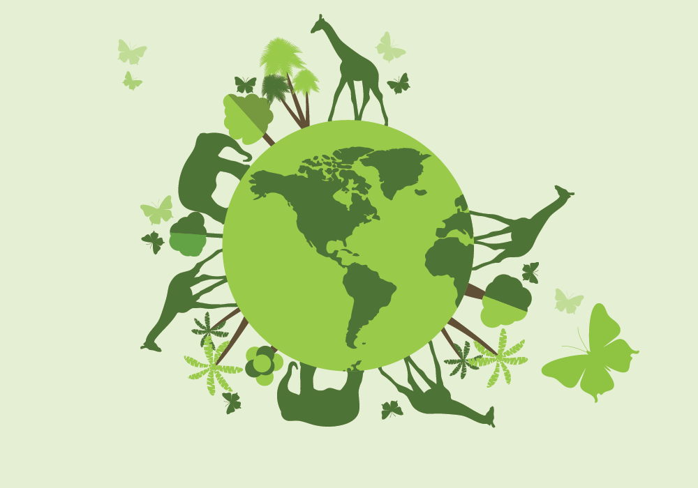 Animals walking around globe representing climate change for kids