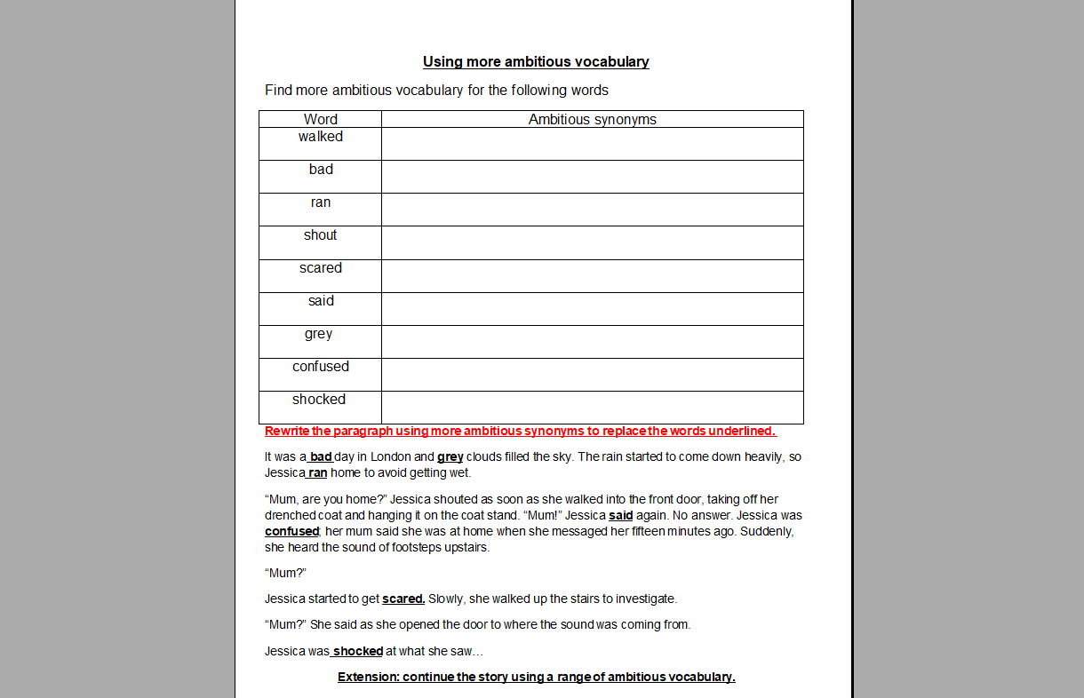 Ambitious vocabulary worksheet