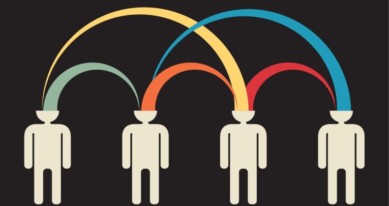 Illustration of four people swapping information, representing peer marking