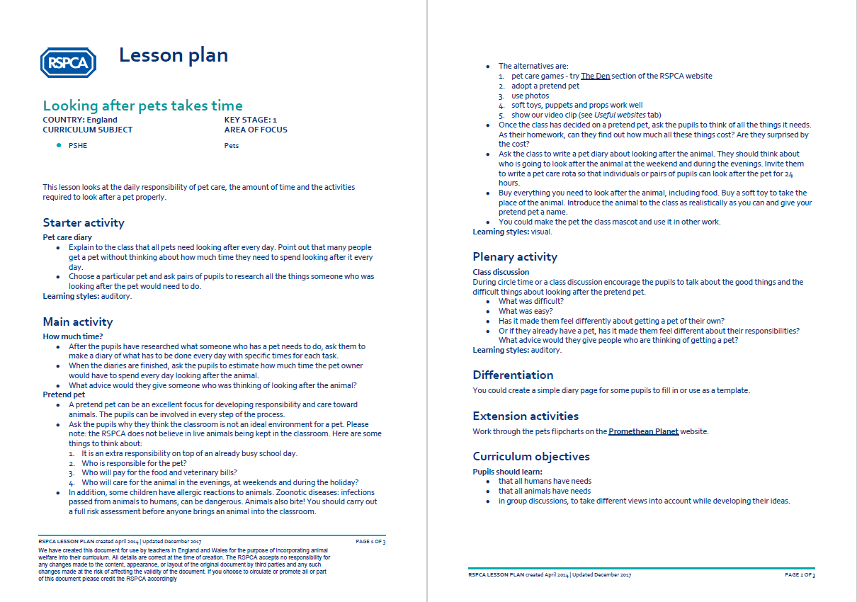 RSPCA Pets KS1/2 Lesson Plan – Looking After Pets Takes Time - Teachwire RSPCA Pets KS1/2 Lesson Plan – Looking After Pets Takes Time - Teachwire