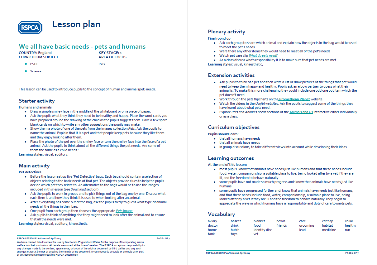 RSPCA Pets KS1/2 Lesson Plan – We All Have Basic Needs: Pets and Humans - Teachwire RSPCA Pets KS1/2 Lesson Plan – We All Have Basic Needs: Pets and Humans - Teachwire