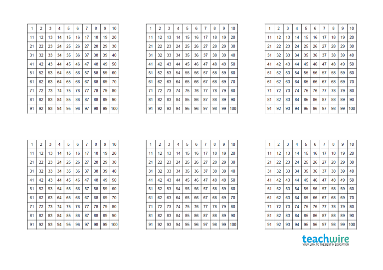 100 Square printable worksheet Teachwire