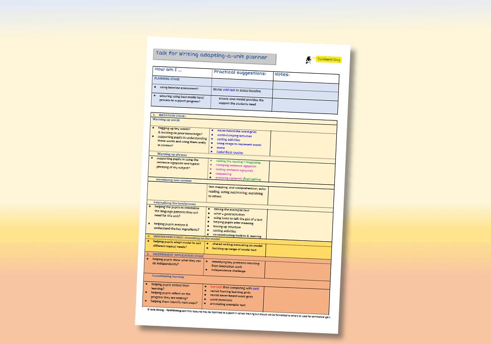 Talk for Writing adapting a unit planner