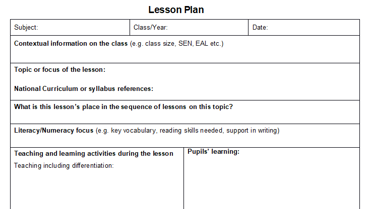 teacher planning worksheet