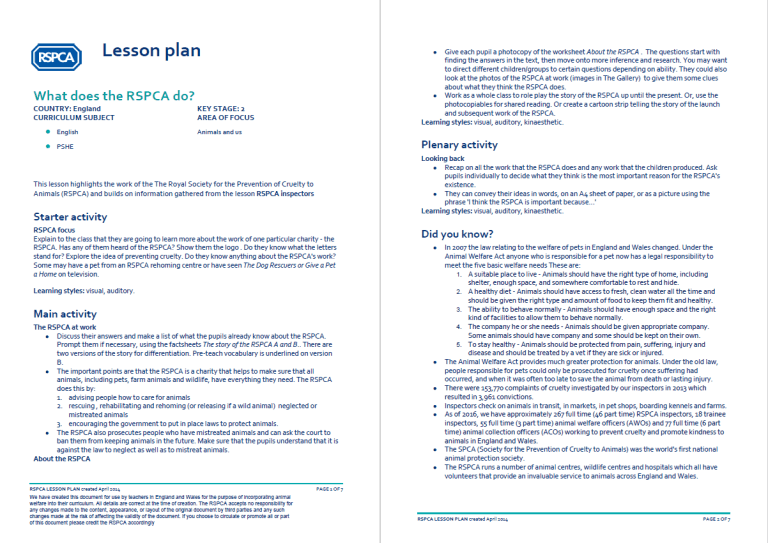 RSPCA Animals and Us KS1/2 Lesson Plan What does the RSPCA Do
