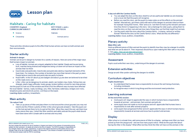 RSPCA Wildlife and Habitats KS1 Lesson Plan Caring for Habitats